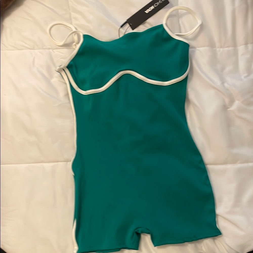 Fashion Nova Teal Romper with White Accents